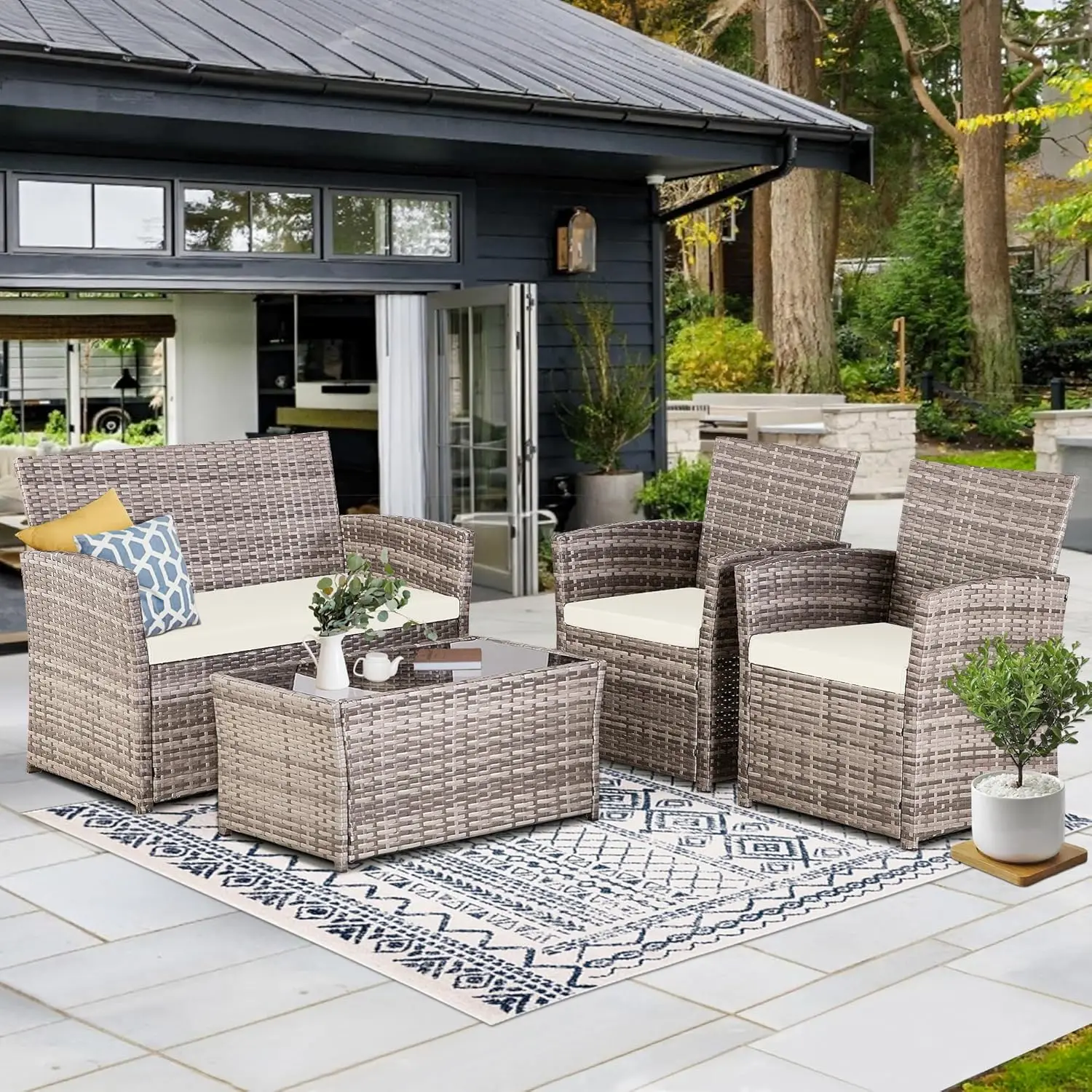 

4 Pieces Patio Furniture Set, Indoor/Outdoor Rattan Sectional Sofa Conversation Bistro Set for Garden Balcony Backyard