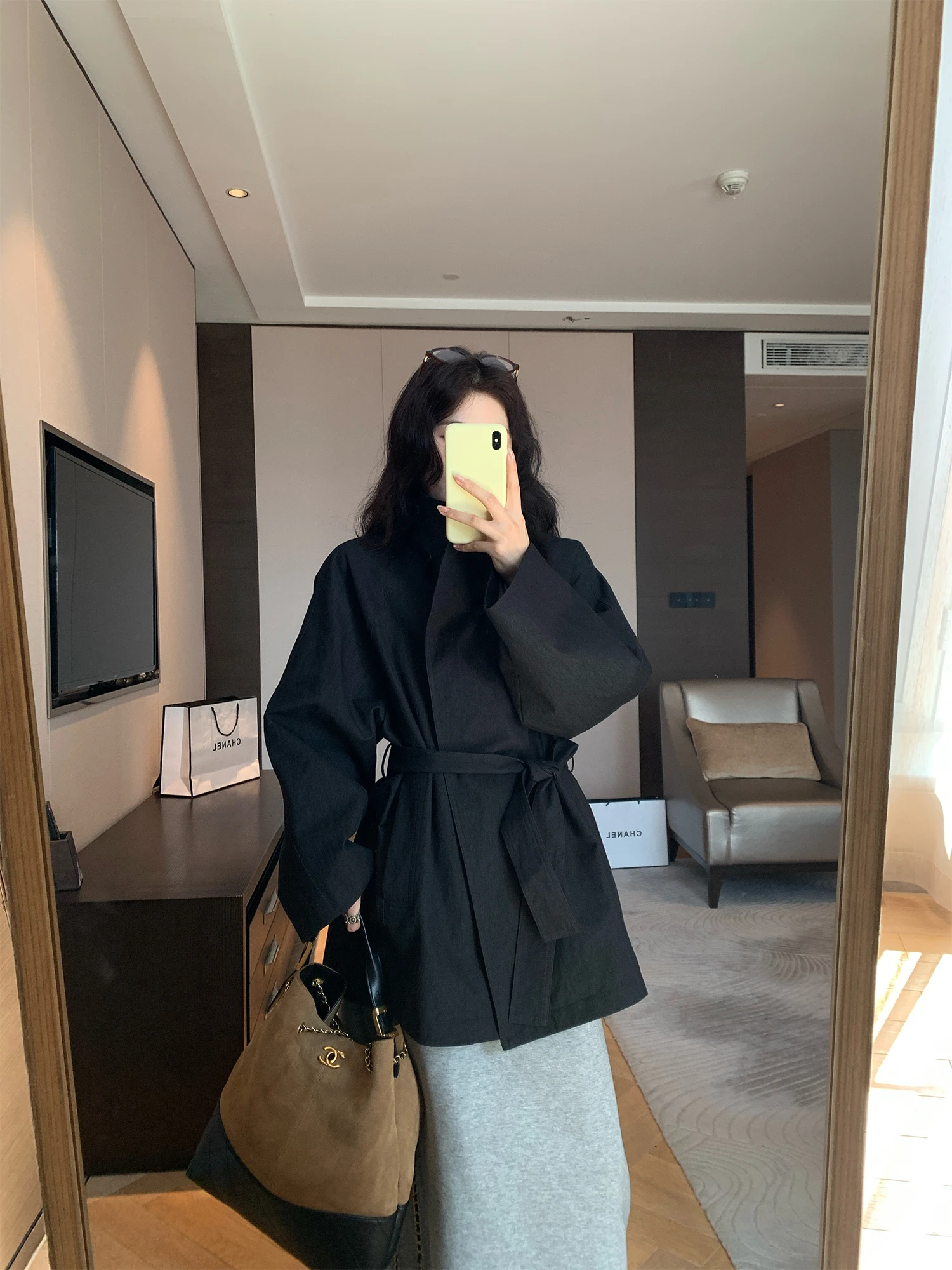 

Женское модное комфортное пальто NAZ большого размера из хлопка и шелка с поясом и воротником-стойкой для осеннего сезона