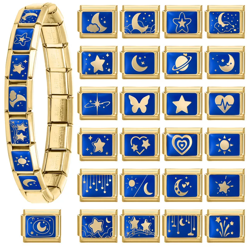 

1PC Blue Moon Heart Star Planet Butterfly Gold Color Italian Charm Link Fit 9mm Stainless Steel Bracelet Women DIY Making Gift