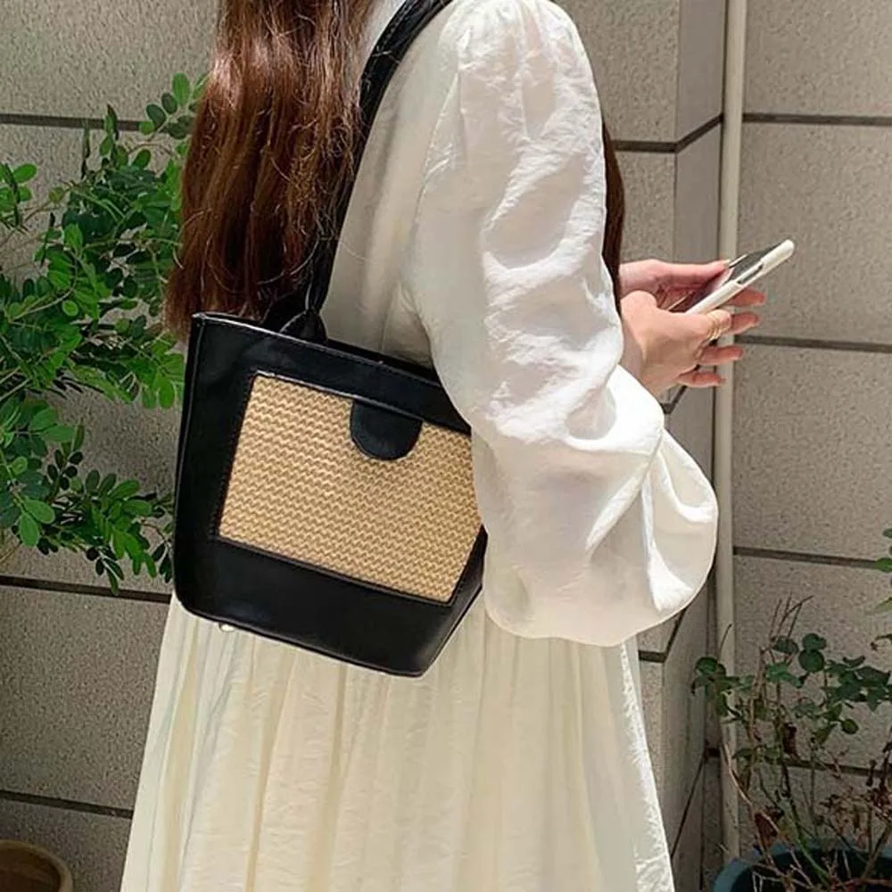 

Retro PU Woven Bucket Bag Anti-Splash Water Large Capacity Women Bucket Handbag Polyester Korean Style Straw Shoulder Bag