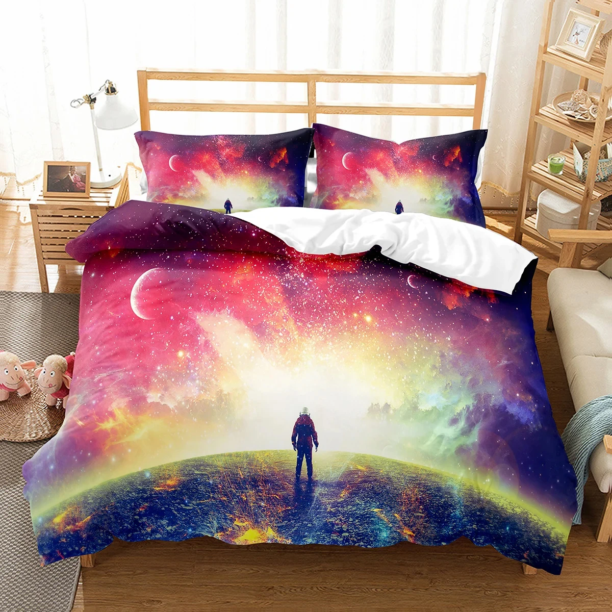 Astronaut Duvet Cover Single Twin Queen King Size Outer Space Themed Bedding Set,Galaxy Star Comforter Cover with 2 Pillowcases