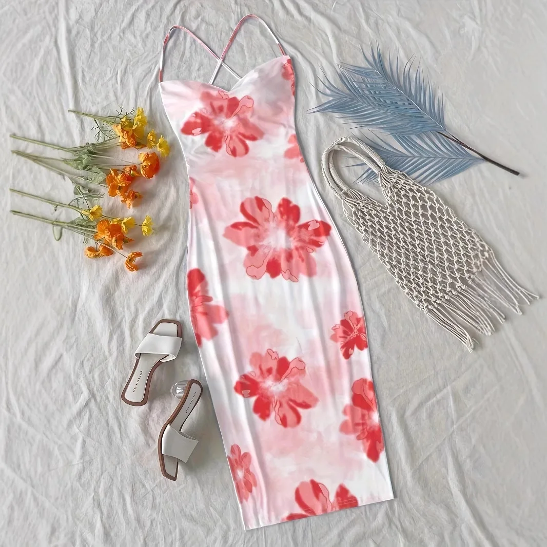 Robe longue dos nu à épaules dénudées pour femme avec imprimé floral rouge, coupe contour et tricot anti-rides pour les vacances d'été tropicales