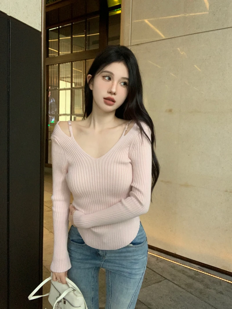 

Женский вязаный ажурный базовый топ больших размеров с v-образным вырезом, облегающий уникальный красивый сексуальный топ Pure Desire на осень-зиму