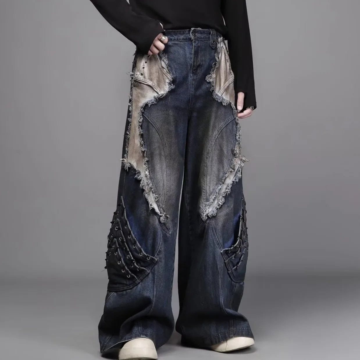 Retro Weathered Denim Jeans Women's Loose Straight Leg Trousers Autumn American Design Sense Hole Punching Draping Wide Leg P...