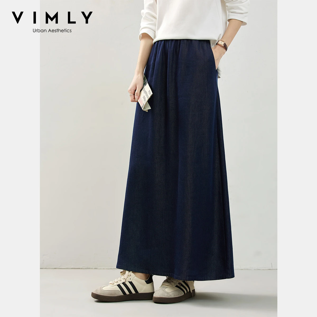 

VIMLY Long Jeans Skirt Woman 2025 Autumn New Vintage Lyocell Washed Denim Female Skirt Straight Office Lady Pockets Skirts A1572