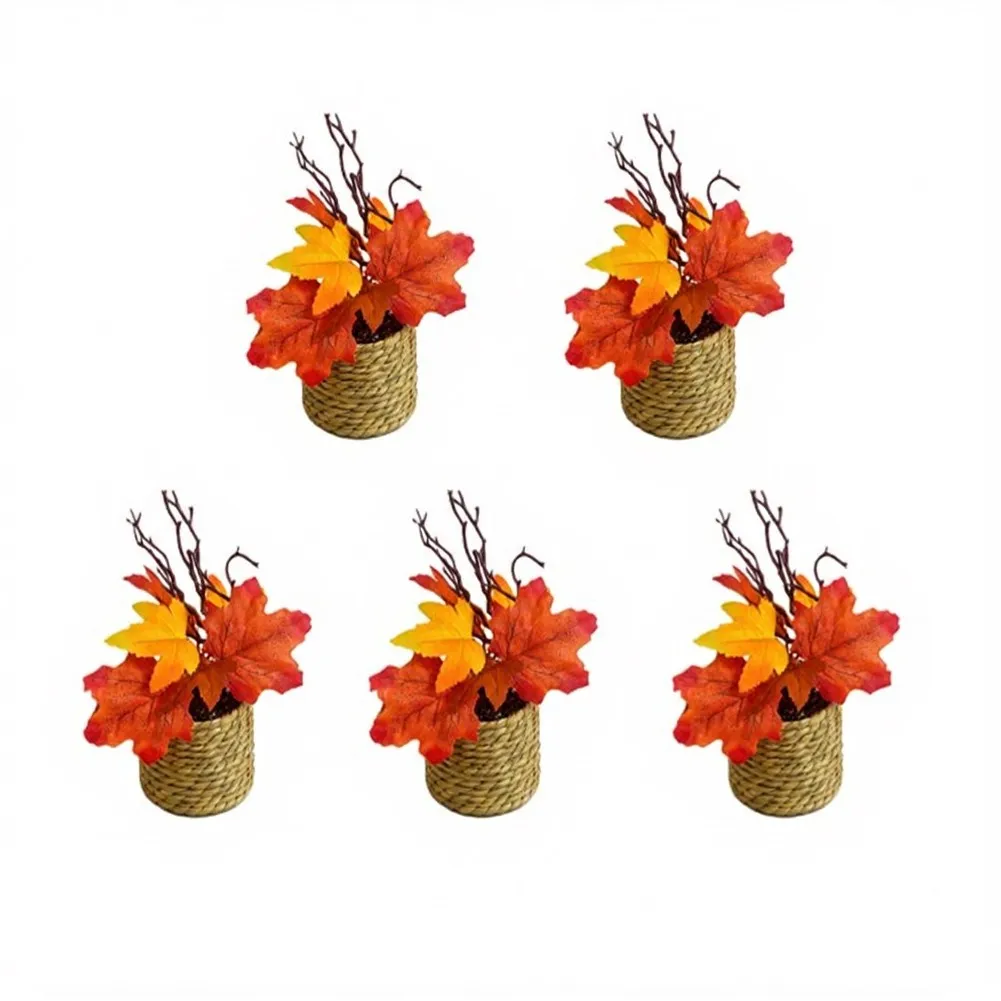 Orange Silk Maple Leaf Pot Set 5 pcs for Autumn Table Centerpiece Mantel Shelf Decor Indoor Outdoor Seasonal Ambience