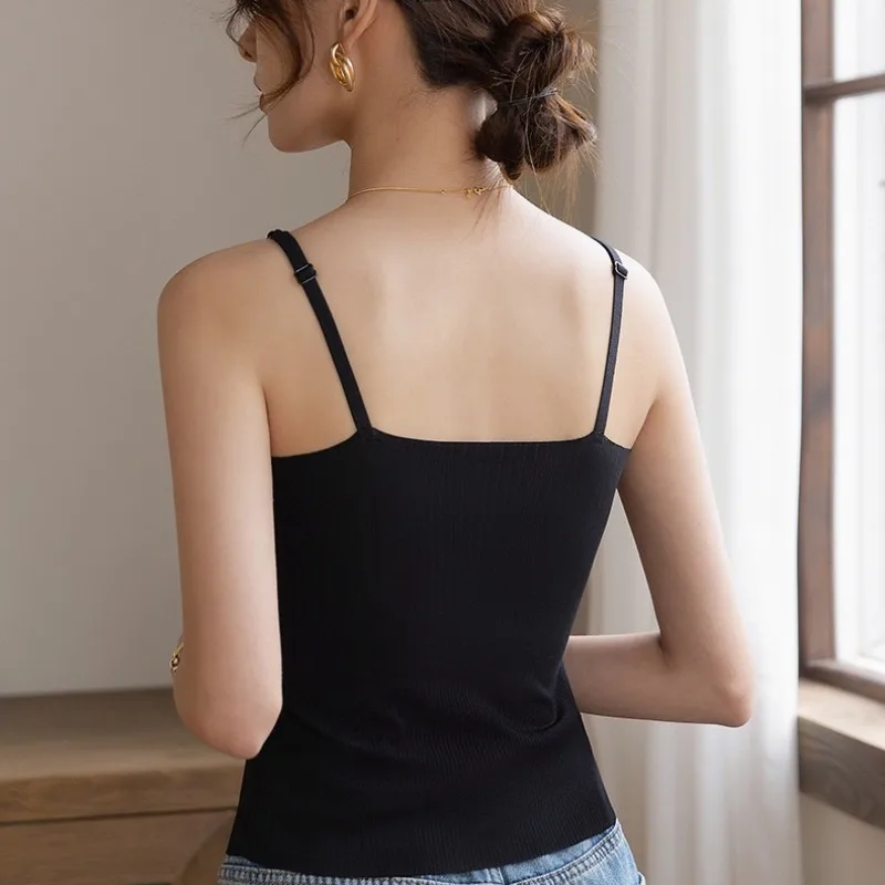 Tanks Tops Women Screw Thread Solid Beautiful Back Sexy Summer One Piece Camis Breast Pad Korean Popular Daily Cozy New Slim Fit