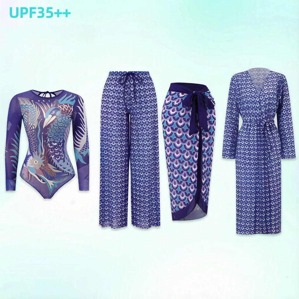 2026 New Women 4Pcs Mermaid Scale Print Swimwear Set Long Sleeve Mesh Rash Guard + Beach Cover Up Robe Wrap Skirt Wide Leg Pants