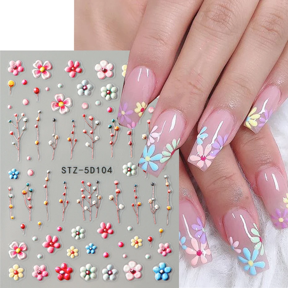 Autocollants pour ongles à paillettes noires 5D, aquarelle floraison, décalcomanies de transfert adhésif Floral de printemps, décor pour Nail Art coulissant