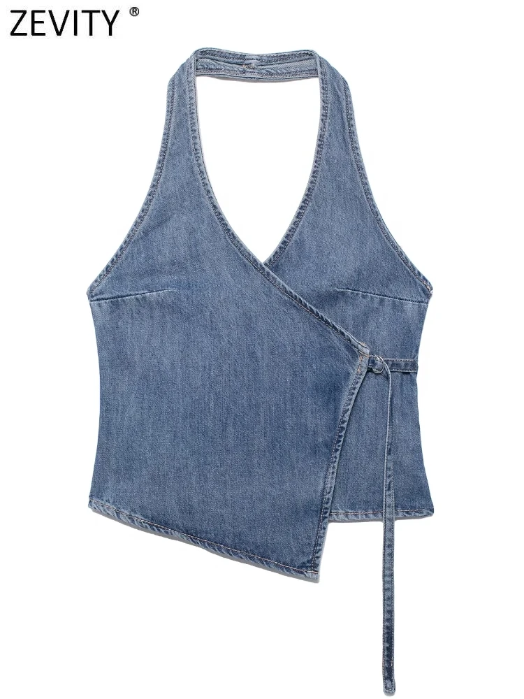 Zevity Women Fashion Sleeveless Denim Halter Blouse Female Backless Side Lace Up Casual Slim Shirts Blusas Chic Tops LS327