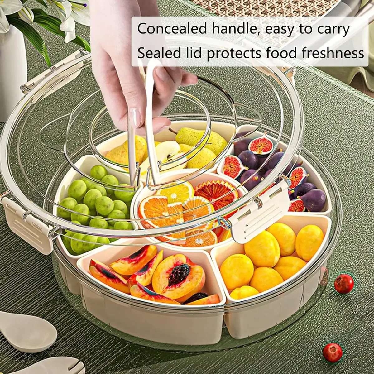SaengQ 1pc Rotatable Snack Box, Independent Rotating Tray With Lid And Handle, Portable Fruit Snack, Vegetable And Cooked Food Snack Box, Rotatable Bento Storage Box, Suitable For Kitchen, Camping, Picnicking, Christmas Gifts, Kitchen Accessories