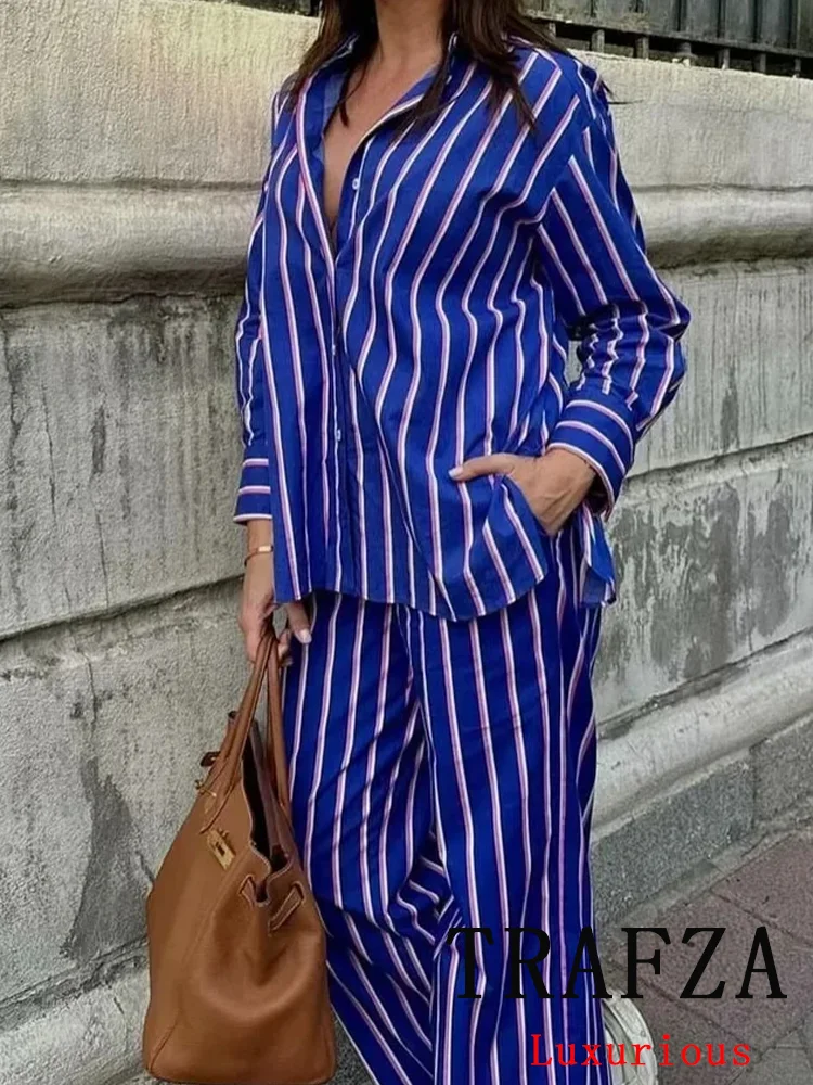 TRAFZA Vintage Casual Striped Women Suit Single Breasted Long Sleeve Shirt Loose Long Pants Chic Fashion 2024 Autumn Basics Sets