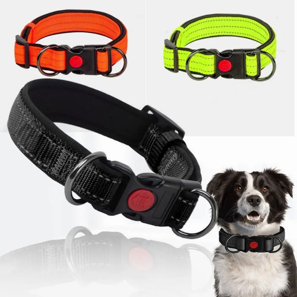 Reflective Padded Dog Collar Durable Strong Double D Ring Safety Nylon Pet Dog Collars Adjustable for Small Medium Large Dogs