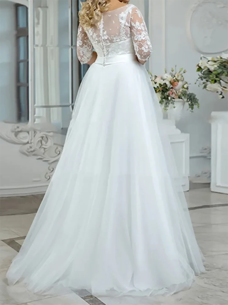 Customized Vintage High Waist Wedding Dresses For Women 3/4 Sleeves  A -line Half Sleeves Plus Size Tulle Wedding Dress