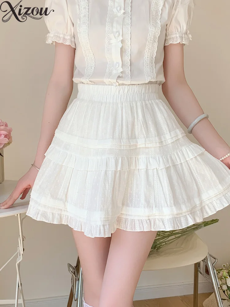 

2025 Summer Sweet Women Skirt White Ballet Cake Skirt Tutu Short High Waist A-Line Puffy Ruffles Lace Pleated Mini Cute Casual