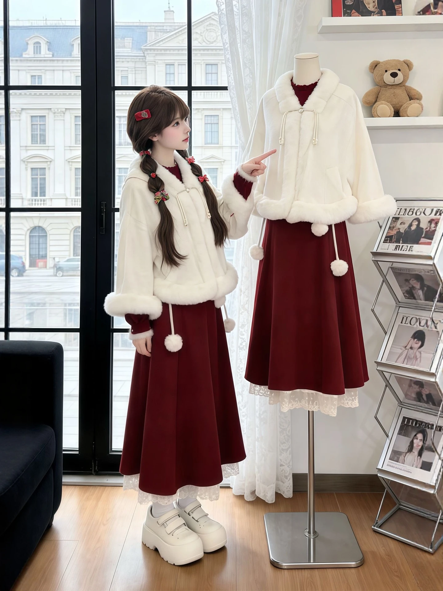 

Зимний модный комплект-двойка для женщин больших размеров: китайский плащ-накидка и новогодний халат. Теплый, комфортный, повседневный.