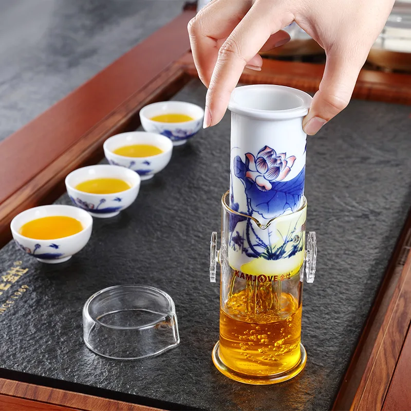 KAMJOVE High-temperature Fired Ceramic Gongfu Tea Set with a Glass Tea Pot Featuring an Integrated Filter