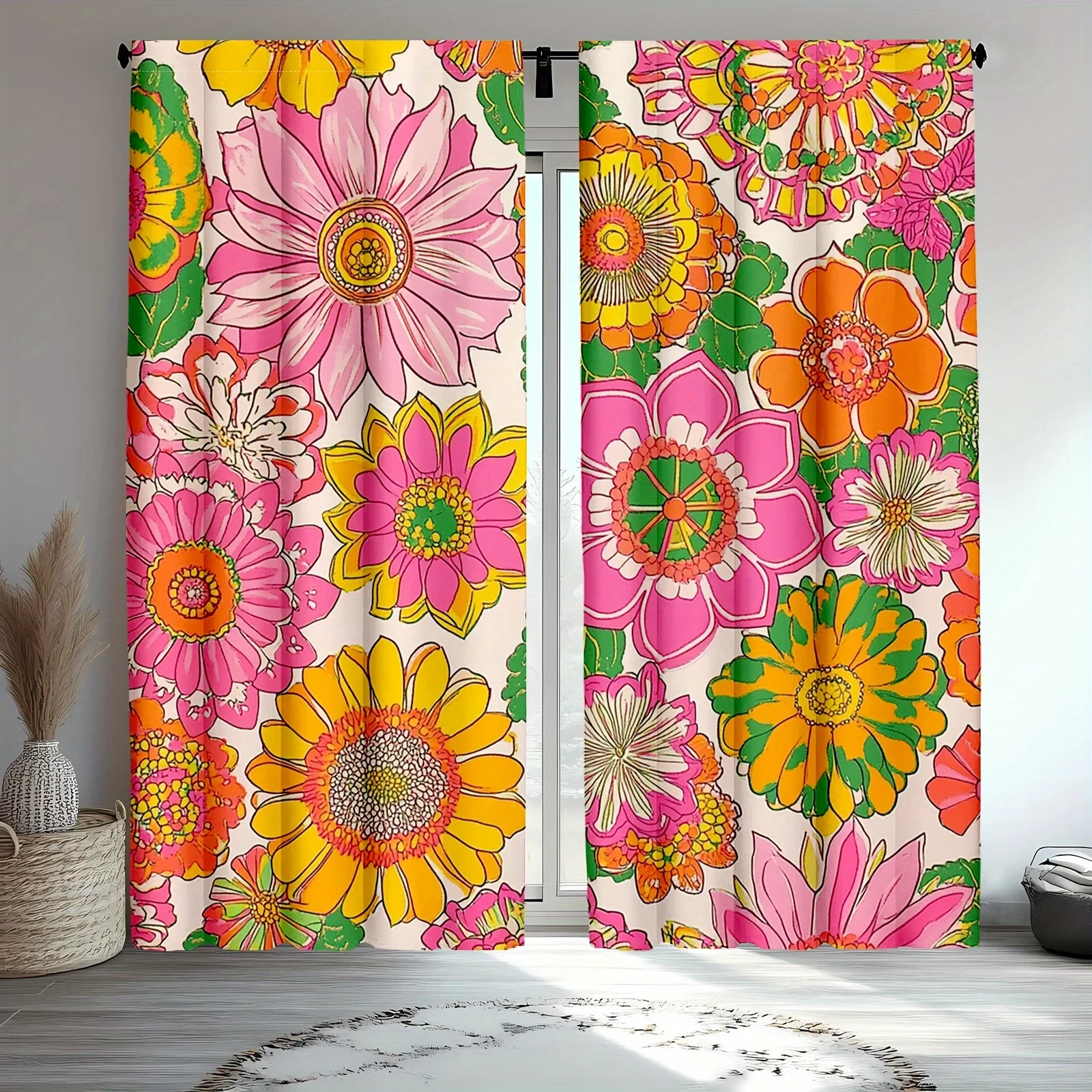 Vibrant Floral Pattern Curtains for Living Room Home Decor Semi-Sheer Window Drapes Bright Colorful Bloom Style