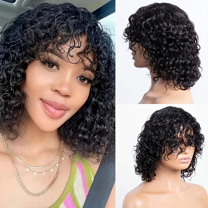 Heyju Water Wave Human Hair Wig With Bangs Glueless Fringe Wig Kinky Curly Bob Wig with Bangs Full Machine Made Wigs Easy To GO image 5