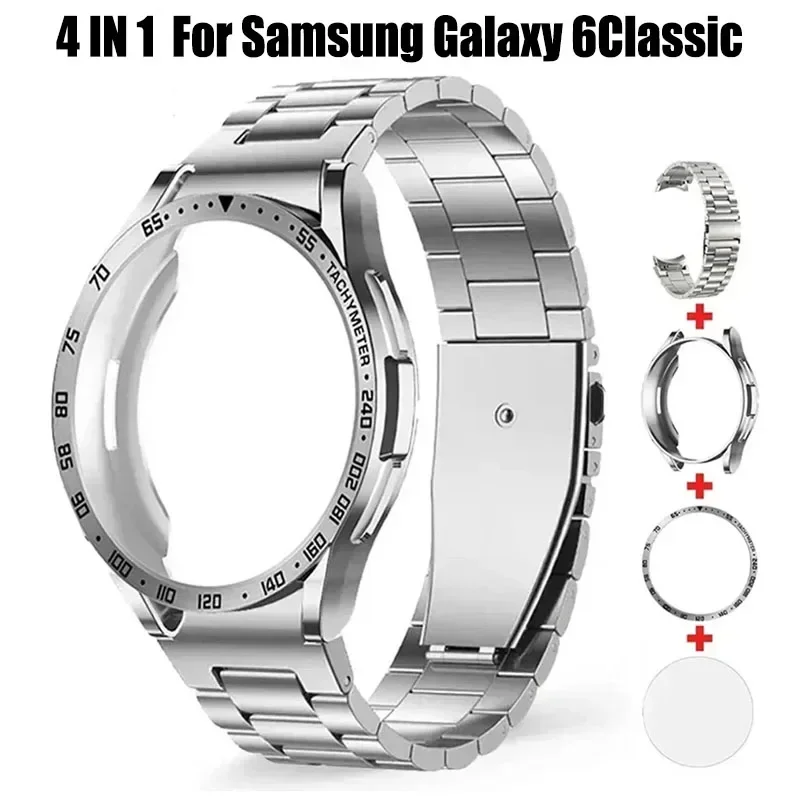 4-in-1 Mod Kit Metal Bezel for Samsung Galaxy Watch 6 Classic 5 Pro 4 47mm 45/44/40mm Stainless Steel Band Frame Case Glass Film