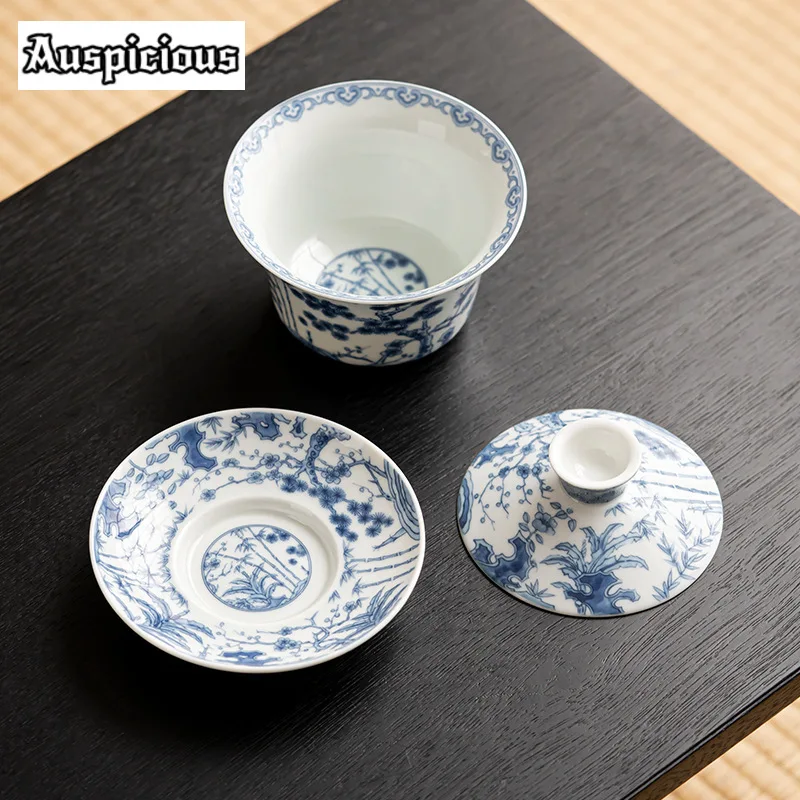 300ml Antique Blue and White Gaiwan Retro Dargon Cup Saucer Tea Tureen Chinese Tea Maker Cover Bowl Tea Services Supplies Craft