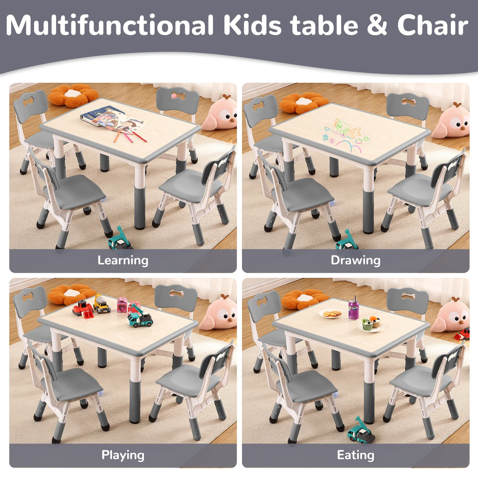Conjunto de Mesa e Cadeiras para Crianças, Mesa Ajustável em Altura com 4 Assentos, Suporta até 300lbs, Mesa Multiatividades para Salas de Aula e Creches