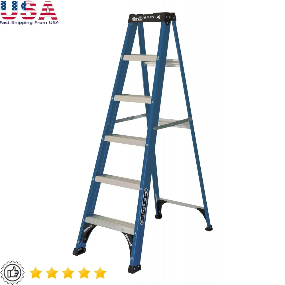 Escalera de fibra de vidrio de 6 pies, alcance de 10 pies, capacidad de carga de 225 lb, pies de goma antideslizantes no conductores, soporte de herramientas superior profesional
