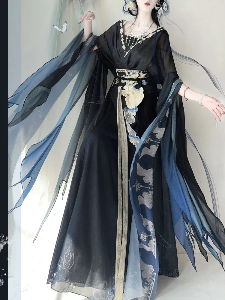 Chin 북부 및 남부 왕조 왕조 자수 Hanfu 드레스 레이디 스타일 세련된 빈티지 무대 의상 댄스 블랙 세트