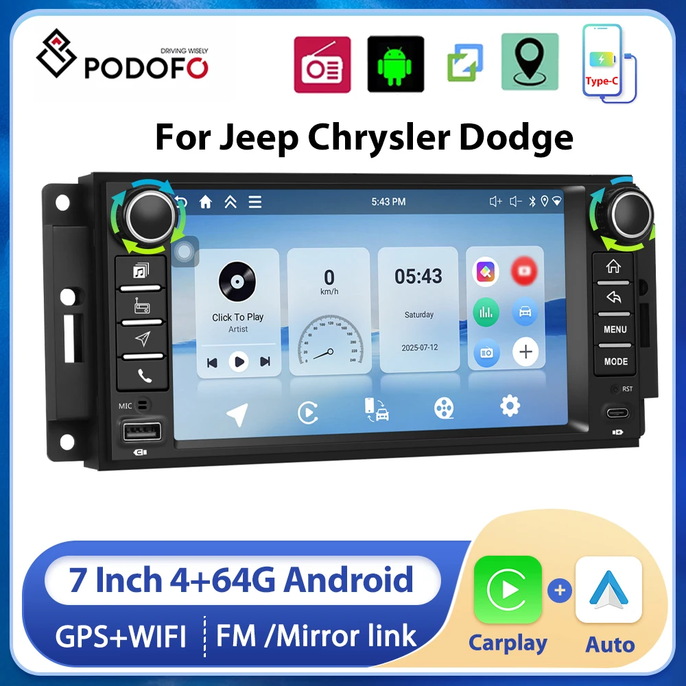 Podofo 4+64G Android 15 2din Car Radio Stereo Wireless Carplay Android Auto GPS Navigation WiFi FM For Jeep Chrysler Dodge