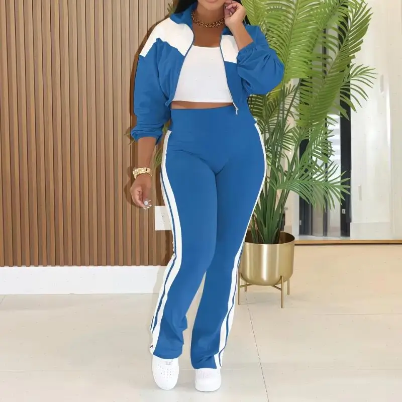 Sport Pant Set Women Two Piece Sets Turn Down Collar Full Sleeve Short Coat Zipper Long Pants Mix Splice Elastic Waist Spring
