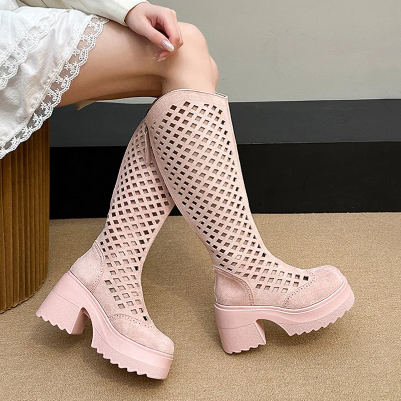 

Summer Boots for Women Thin Breathable and Elevated Boots New Mesh Boots High-heeled Boots No More Than Knee-high Hollow Boots