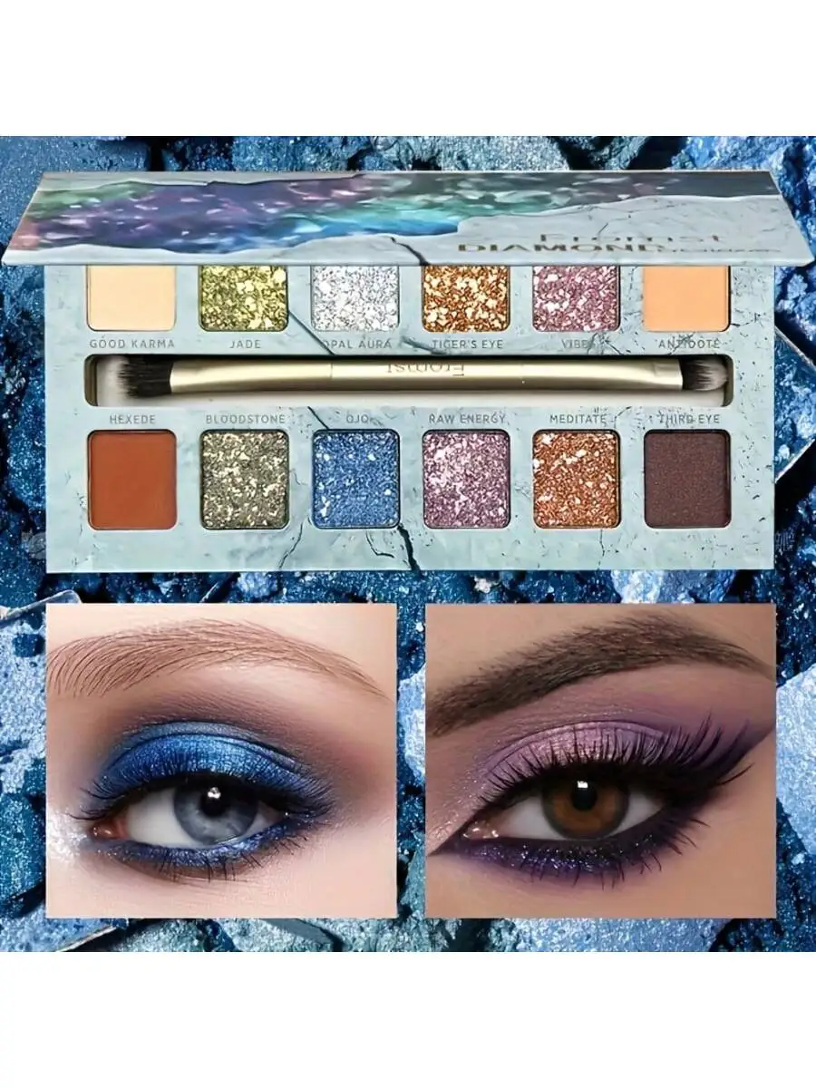 12-kleuren blauw oogschaduwpalet - mat/glans/glitter, waterdicht zweetbestendig, toneelmake-up/feest, wordt geleverd met een spiegelgeschenkdoos