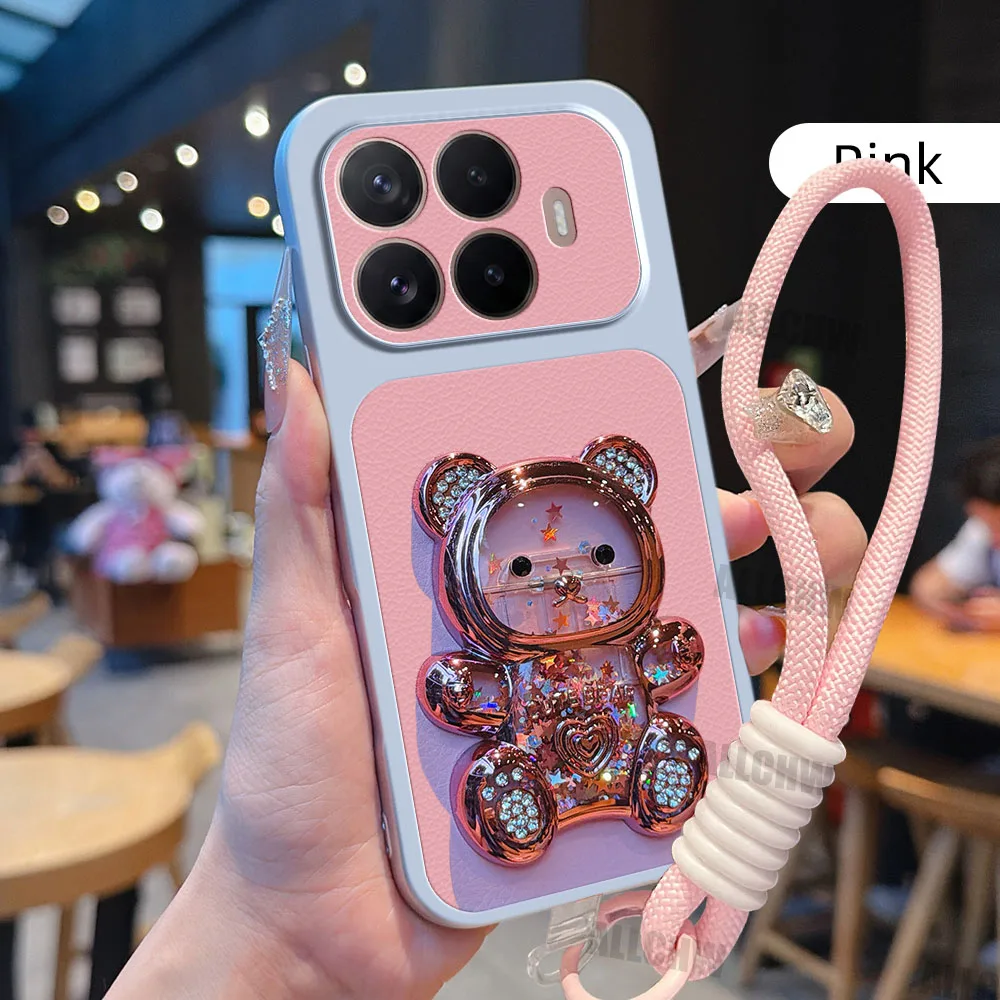 Funda de Teléfono con Soporte de Oso 3D y Textura de Litchi para Xiaomi 17T 17 Pro Max 15 Ultra 15T 14T 13T 12 con Cuerd