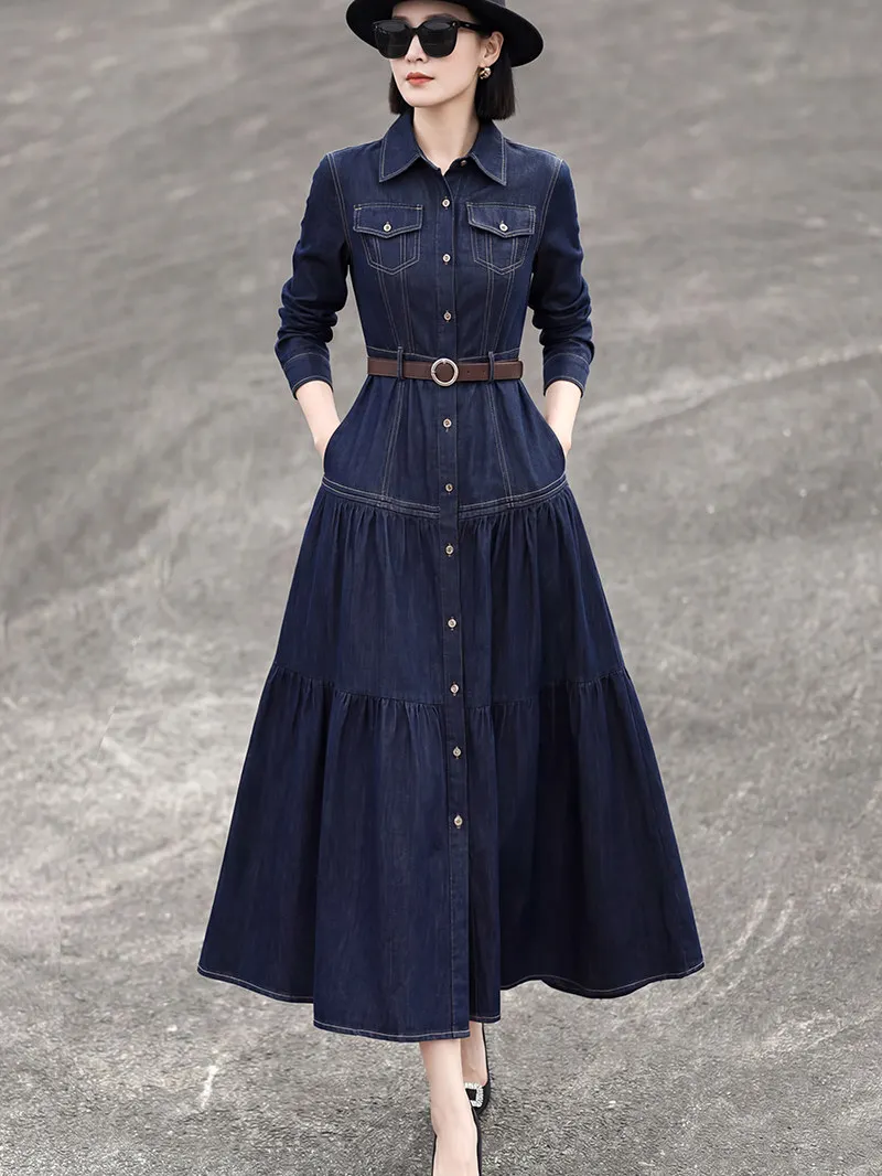 

TIYIHAILEY-Women's Long Maxi 100% Cotton Full Sleeve Denim Spring Dresses With Pockets Single Breasted Turn Down Collar M-3XL