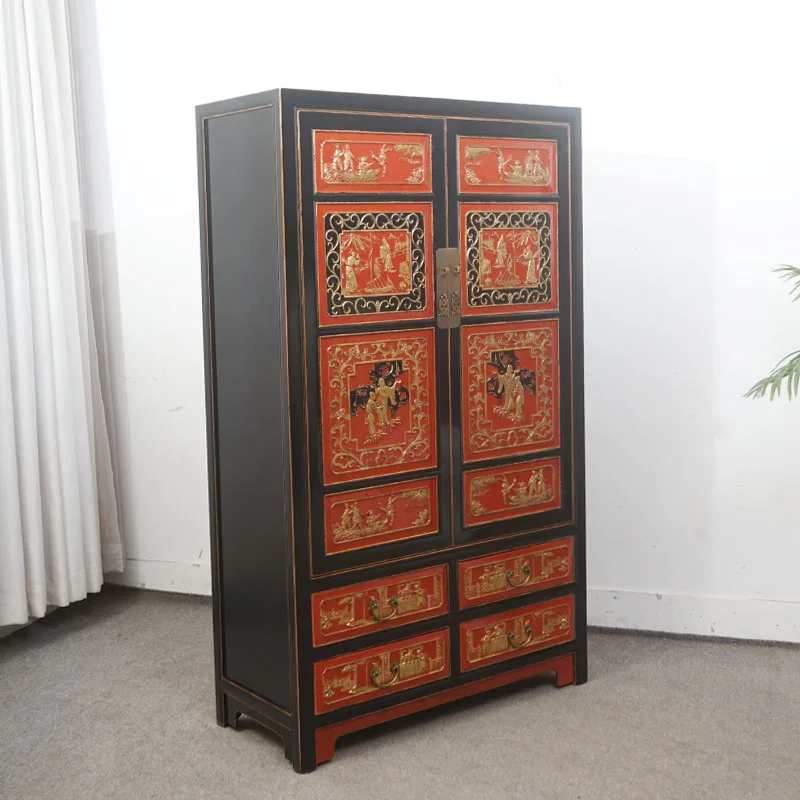Retro all solid wood gold painted porch cabinet living room storage cabinet locker old bookcase