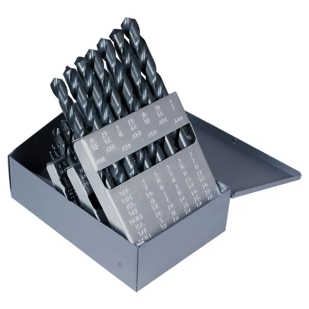 

29-Piece High-Speed Steel Jobber Length Drill Bit Set, Steam Oxide Finish, Round Shank, Spiral Flute, 118° Point, Sizes 1/16 to