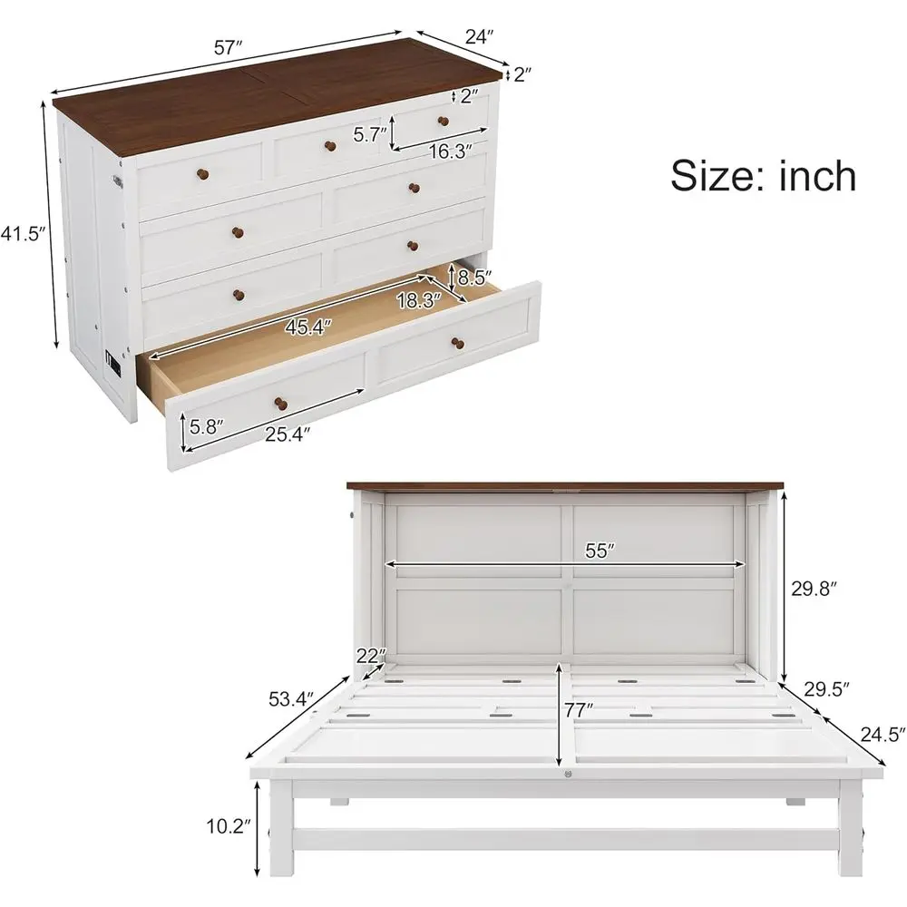ull Size Mobile Murphy Bed Chest with Built-in Charging Station and Big Storage, Traditional Solid Wood Murphy Cube Cabinet Bed