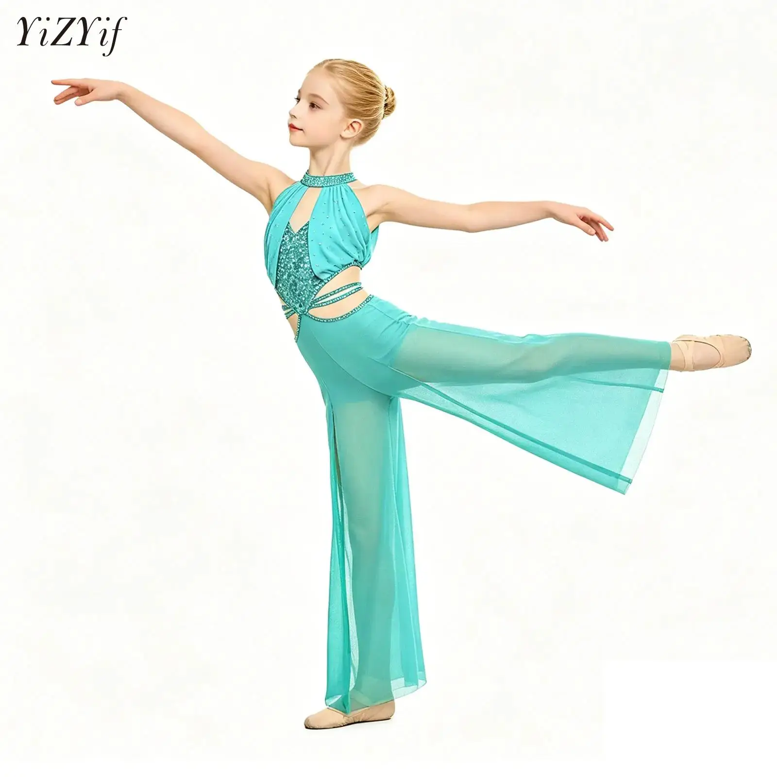 

Kids Girls Modern Lyrical Dance Jumpsuit Sequins Shimmery Mesh Split Bodysuit Figure Skating Gymnastics Acrobatics Stage Clothes