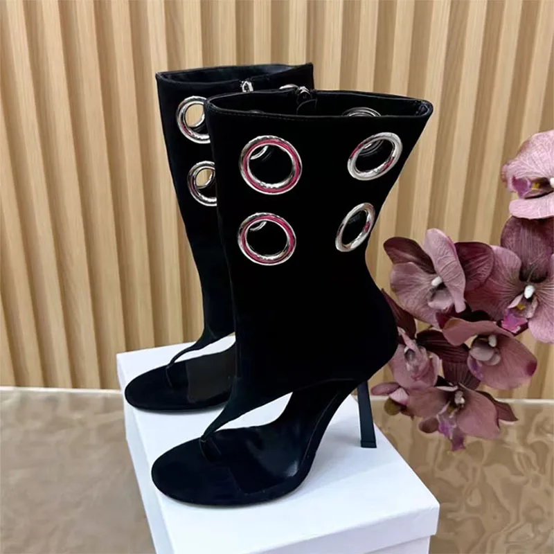 

Summer Boots Women High Heels Runway Shoes Woman Suede Leather Rivets Peep Toe Black Boots Flip-Flops Heeled Short Boots Woman