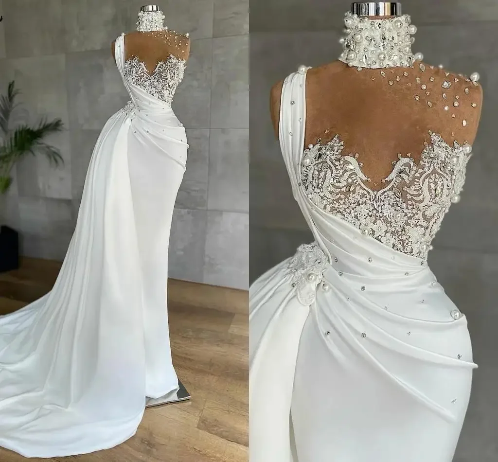 Customized High Neck See Through Beads  Appliques Wedding Dress Vestido De Noiva Full Sleeve Country Bridal  Gown with OverSkirt
