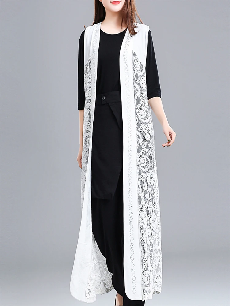 レトロレースオープンカーディガン レディース 春秋 2025 新作 ゆったり ミドル丈 ノースリーブ ホローアウト ショルダーラップ ベスト