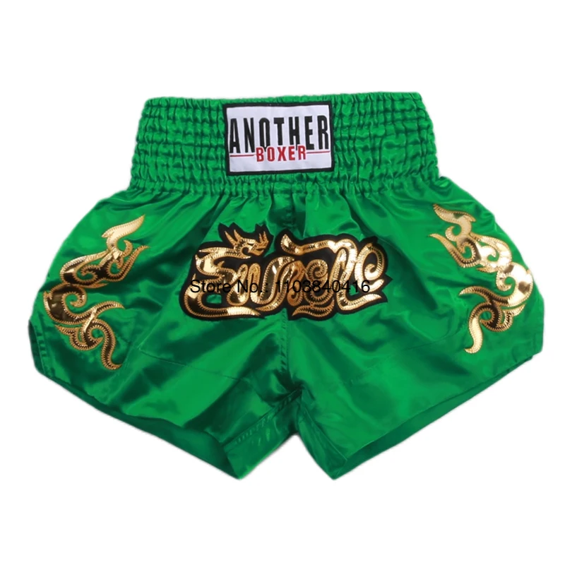 Muay Thai Shorts Satin Gold Embroidery Kickboxing Boxing Trunks Elastic Waist Fight Shorts for Men Women Kids Training Sparring 6