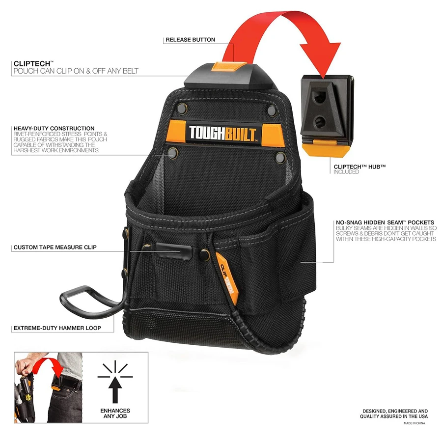 ToughBuilt Tool Belt TB-CT-24 Work Belt Project Pouch for Tool Belt 6 Pockets Hammer Loop-Heavy-duty Construction