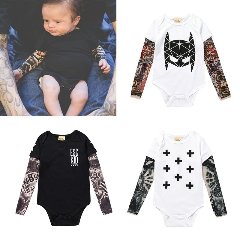 Summer Cotton Newborn Baby Boy Bodysuit Clothes Tattoos Print Long Sleeve Jumpsuit Infant Outfits Kids Cotton Romper One Pieces