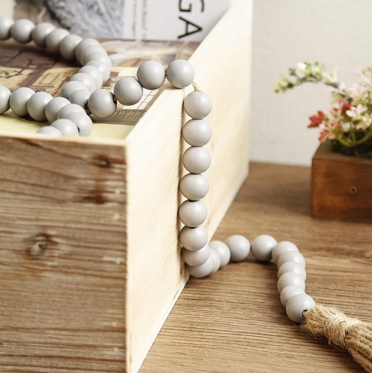 Wood Bead Garland with Tassels,Farmhouse Beads Rustic Country Decor Prayer Boho Beads Wall Hanging Decoration