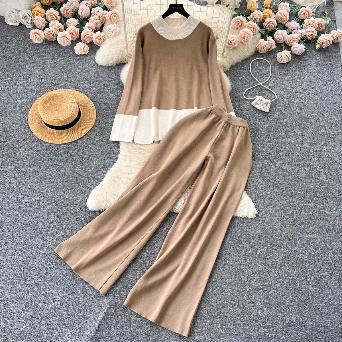 

Осенне-зимний повседневный вязаный комплект из двух предметов Chrysler, женский свободный пуловер с круглым вырезом, свитер и широкие брюки, новинка в подходящих комплектах