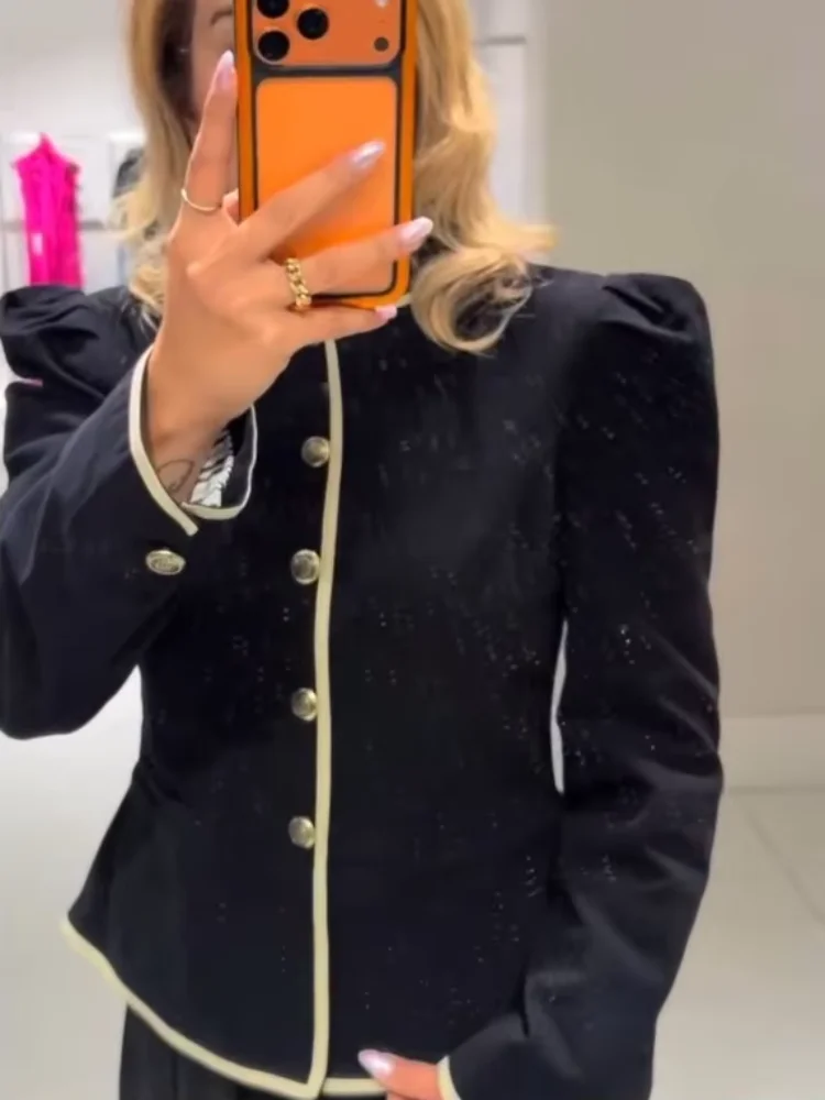 Ladies Stand Collar Short Blazer Puff Sleeve Contrast Piping Slim Fit Single Breasted Elegant Office 2026 Lady Jacket Outerwears