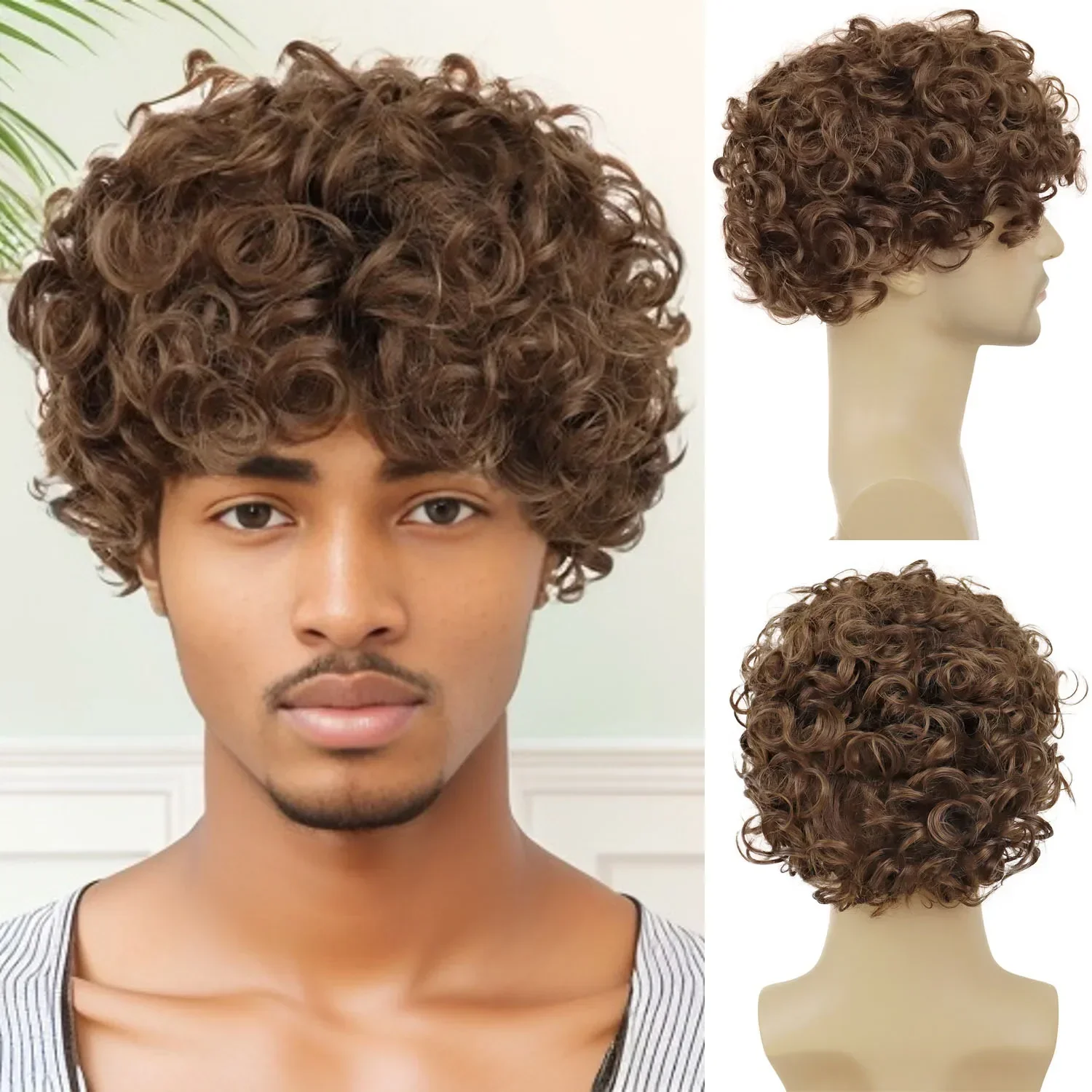 Mens Afro Curly Wigs Synthetic Brown Wig with Bangs Fashion Natural Fluffy Hairstyle Breathable Man Wig Daily Party Cosplay Use