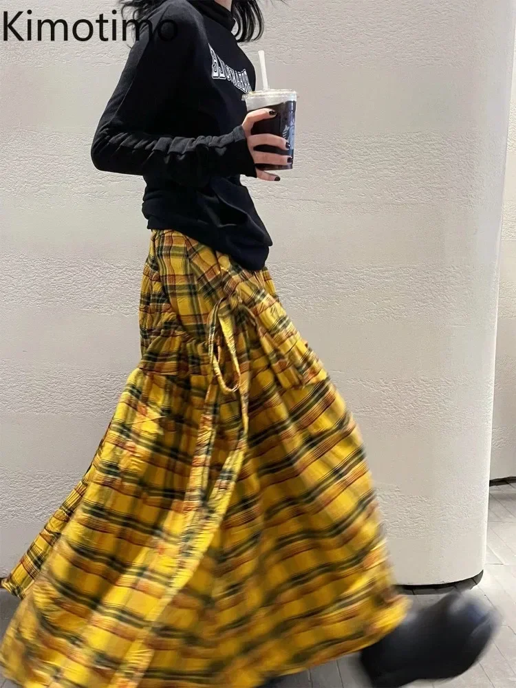 Kimotimo Yellow Plaid Long Cargo Skirt Women American Vintage High Waist Tight A Line Large Swing Umbrella Skirts Fashion Faldas