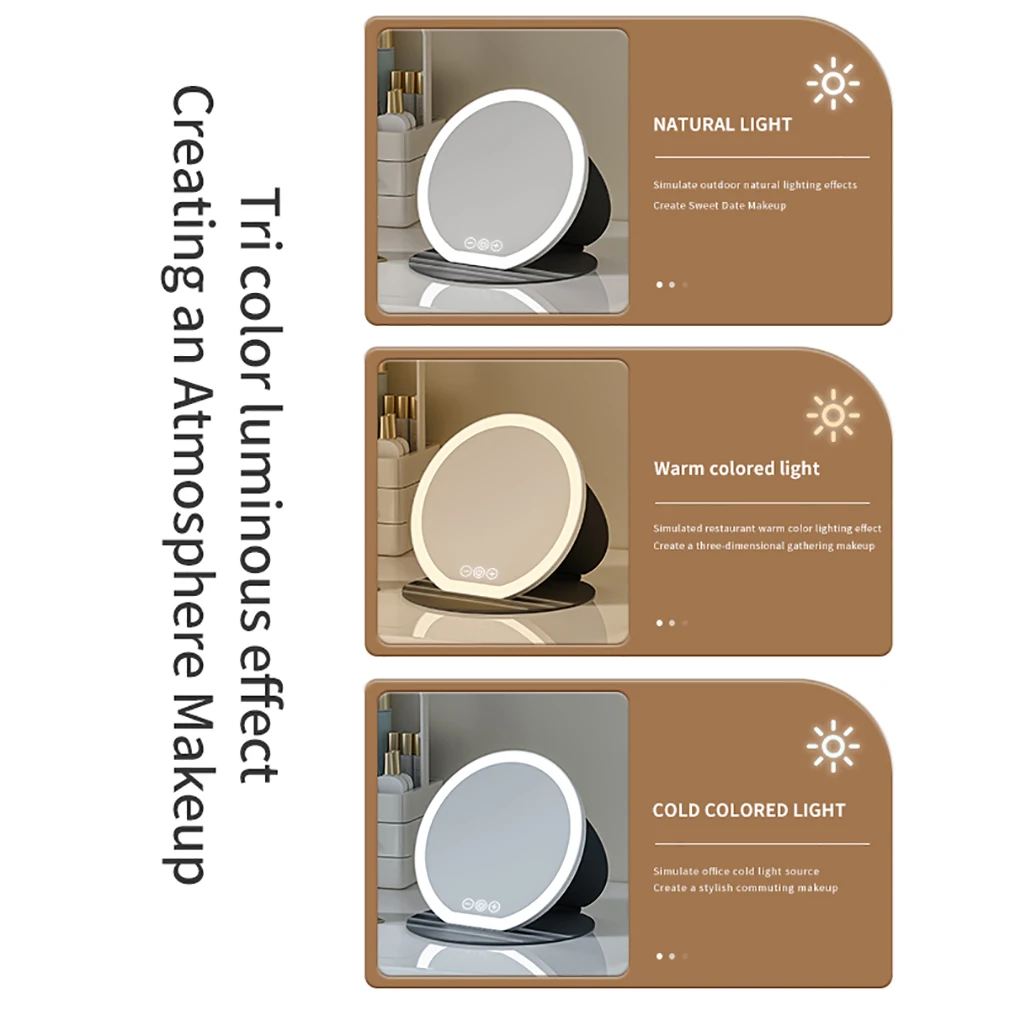 3-farbiger LED-Schminkspiegel 8,66 und 7,28 Zoll mit dimmbarem Touchscreen, zusammenklappbarer Kosmetikspiegel, Typ C, Tischplatte für Reisen und Zuhause